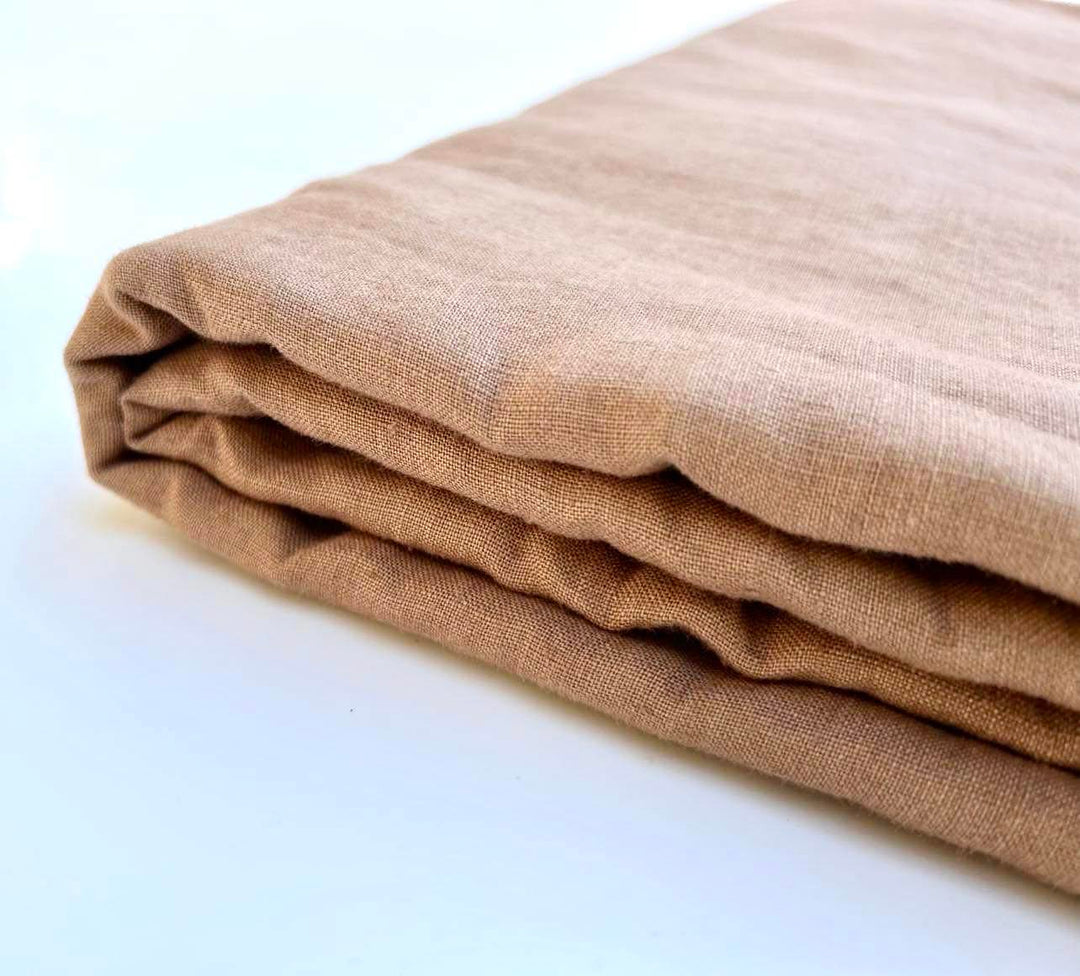Foxtrot Home French Flax Linen styled with Malt Brown Sheets