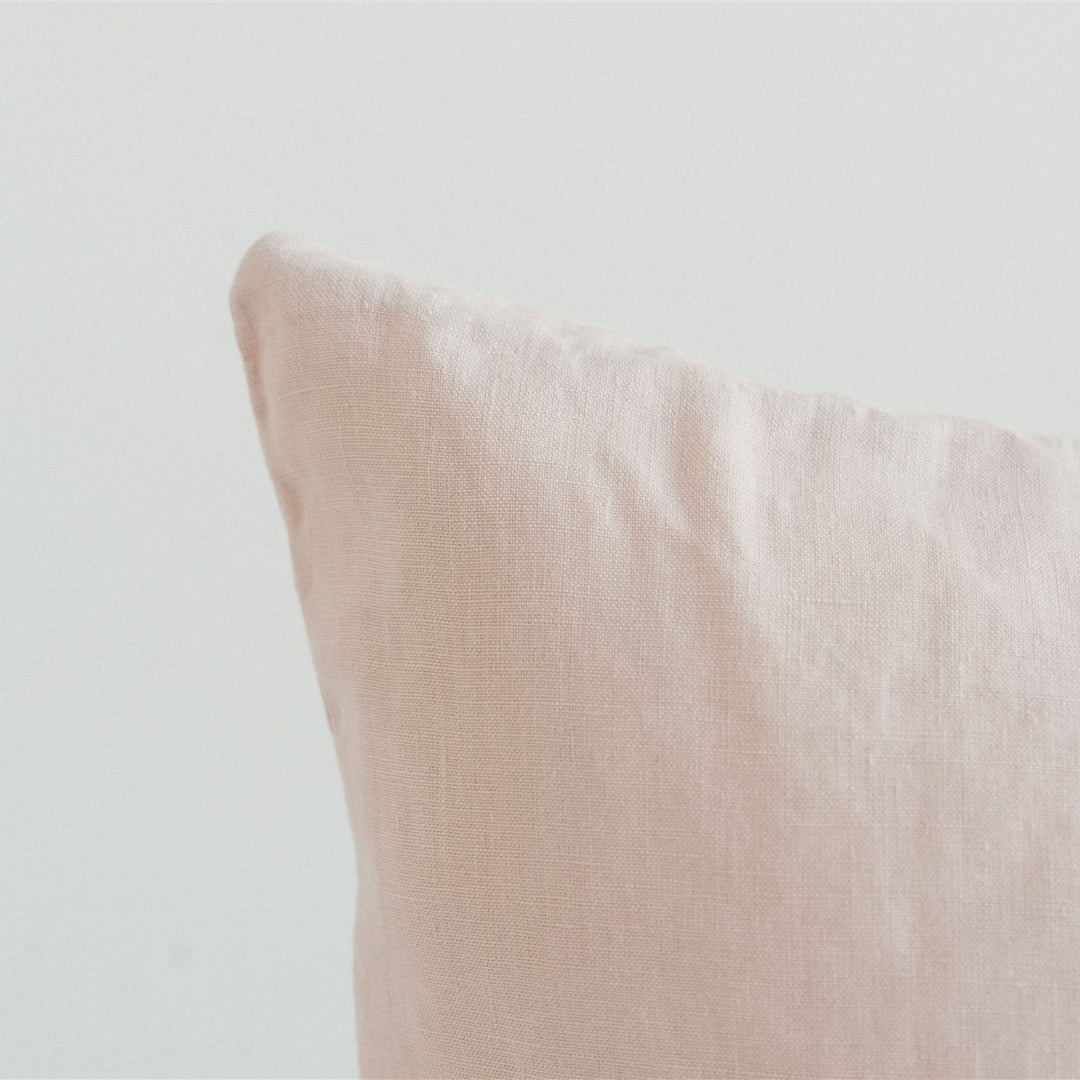 Foxtrot Home French Flax Linen styled in a bedroom with Blush Pink
