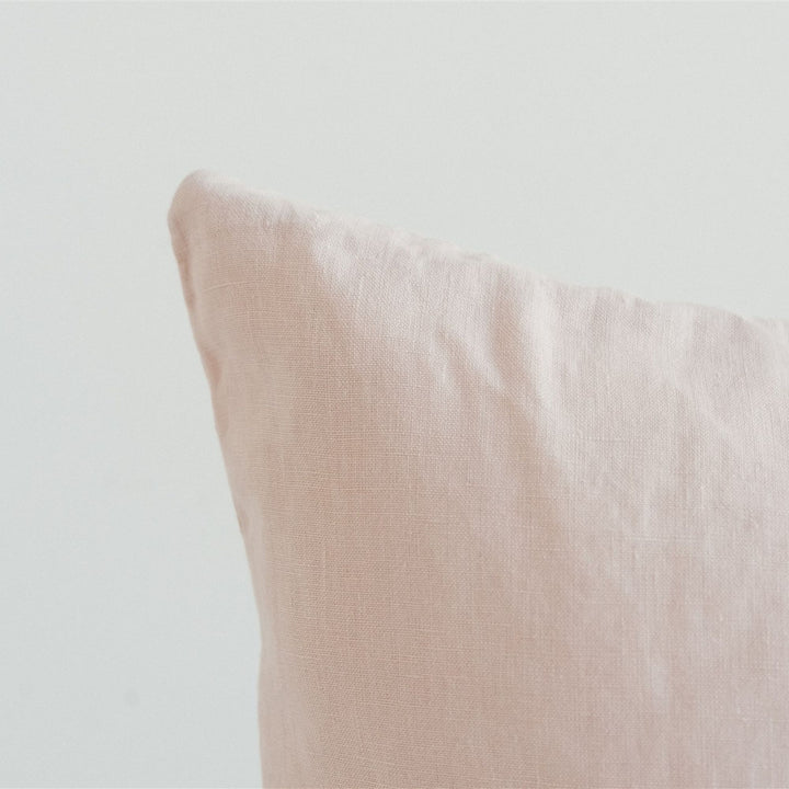 Foxtrot Home French Flax Linen styled in a bedroom with Blush Pink