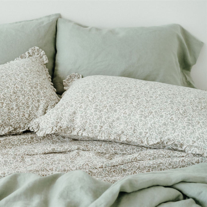 Pure French Flax Sheet Set in vintage floral print Evelyn.  A whimsical pattern for Spring.  Discover Foxtrot Home’s natural, ethically produced bedding for relaxed styling.