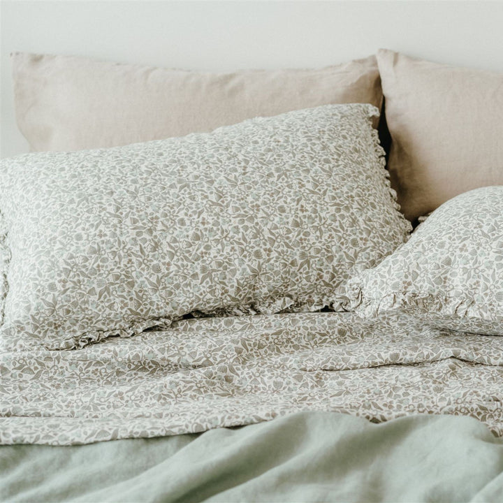 Pure French Flax Sheet Set in vintage floral print Evelyn.  A whimsical pattern for Spring.  Discover Foxtrot Home’s natural, ethically produced bedding for relaxed styling.