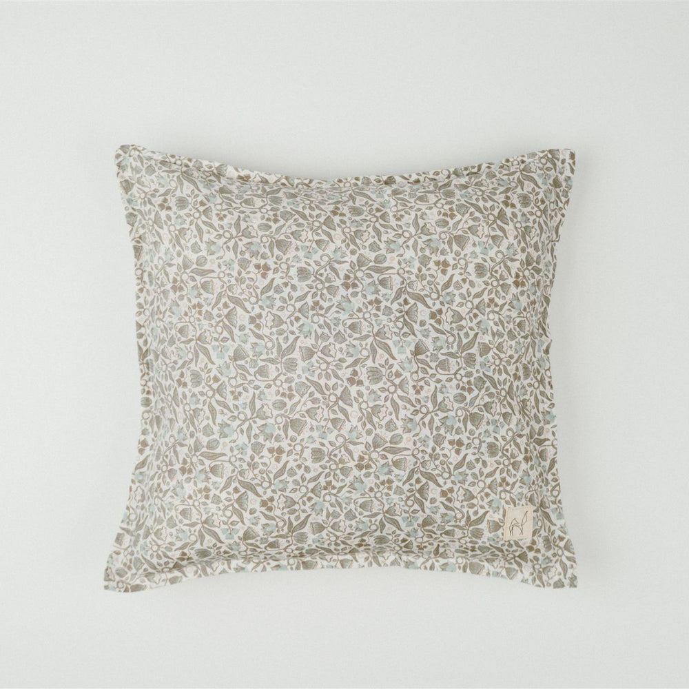 Pure French Flax Cushion in vintage floral print Evelyn.  A whimsical pattern for Spring.  Discover Foxtrot Home’s natural, ethically produced bedding for relaxed styling.