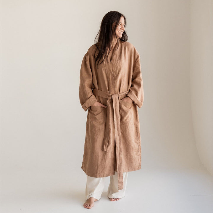 Foxtrot Home French Flax Linen Robe in Malt Brown