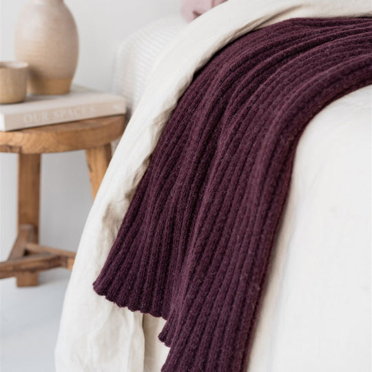Fig Ribbed Wool Throw Blanket