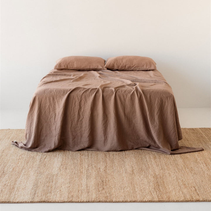 Foxtrot Home French Flax Linen styled with Malt Brown Sheets