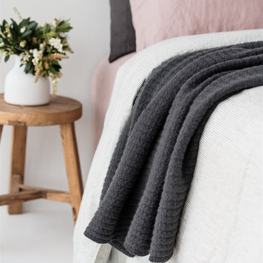 Charcoal Ribbed Wool Throw Blanket
