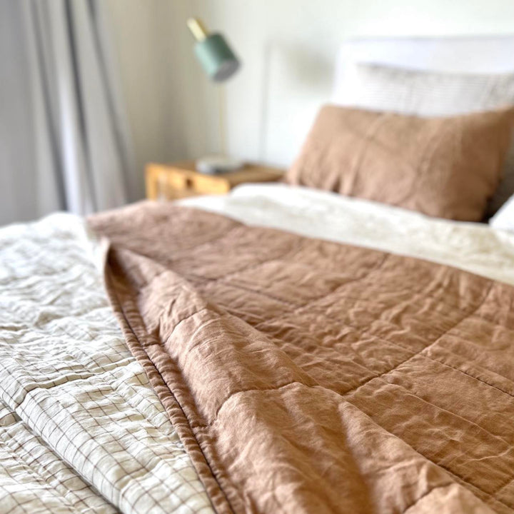 Foxtrot Home French Flax Linen Malt Brown & Malt Brown Grid Quilt