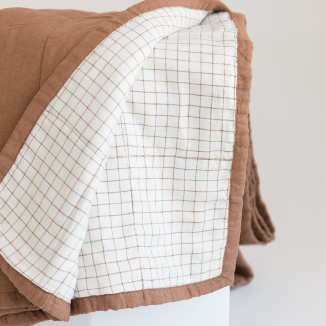 Foxtrot Home French Flax Linen Malt Brown & Malt Brown Grid Quilt