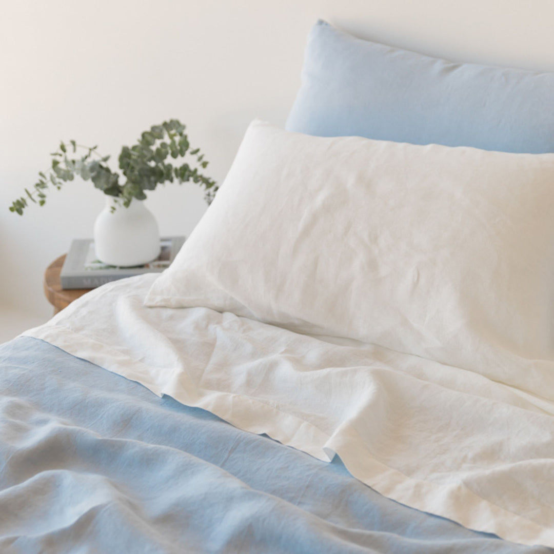Foxtrot Home French Flax Linen styled in a bedroom with Off White Fitted Sheet.