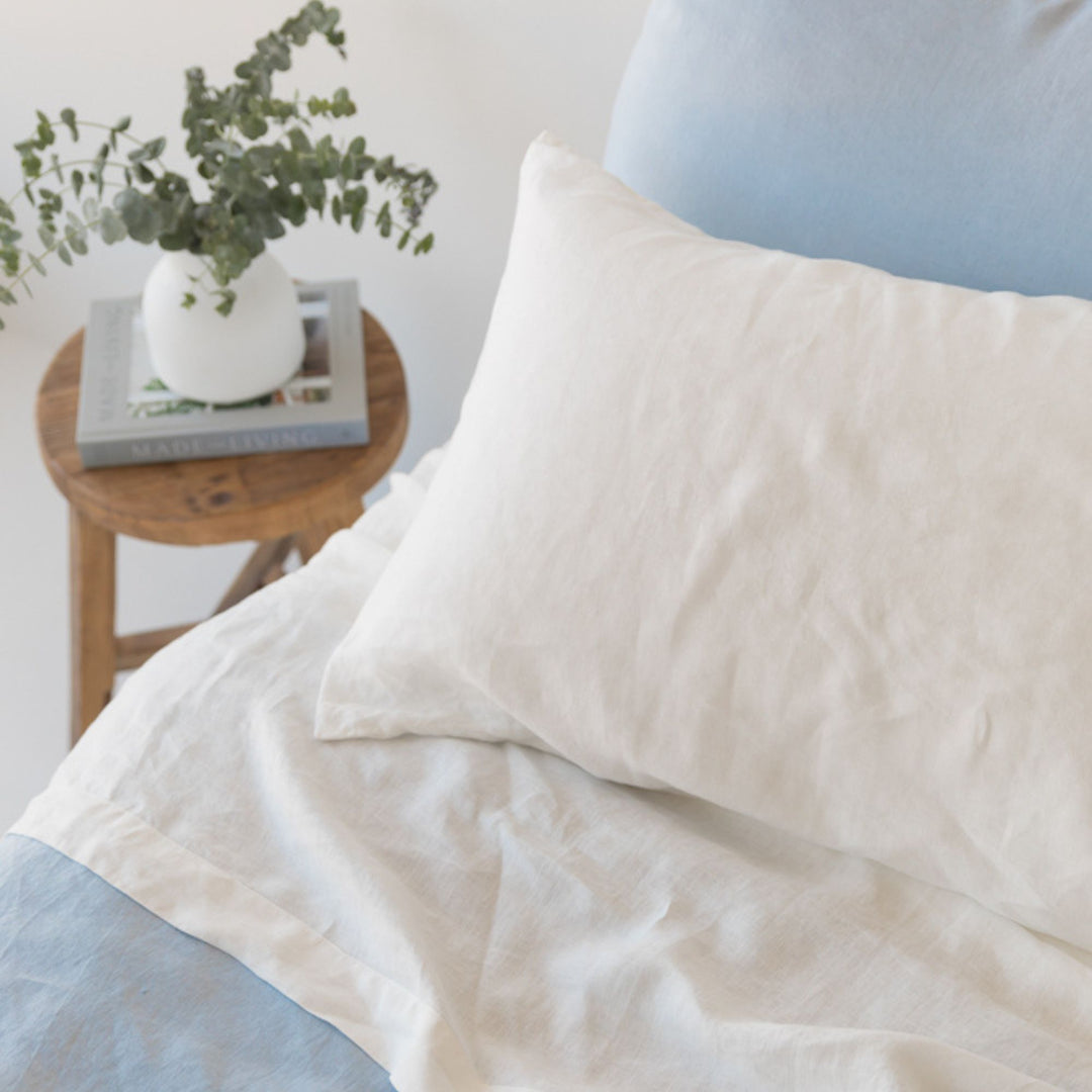 Foxtrot Home French Flax Linen styled in a bedroom with Off White Fitted Sheet.