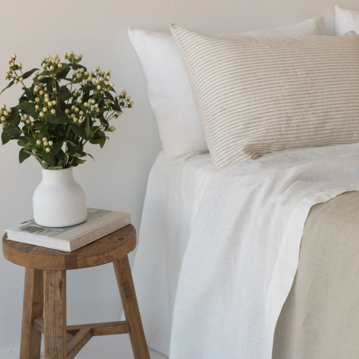 Foxtrot Home French Flax Linen styled in a bedroom with Off White Fitted Sheet.