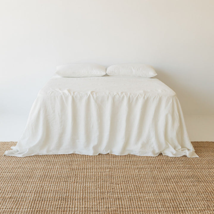Foxtrot Home French Flax Linen styled in a bedroom with Off White Fitted Sheet.