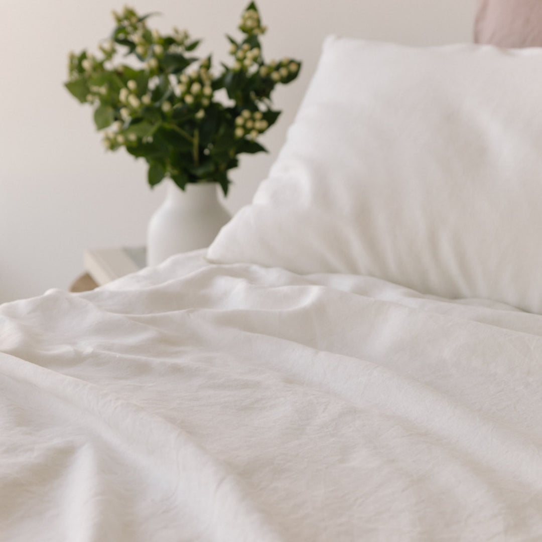 Foxtrot Home French Flax Linen styled in a bedroom with Off White Fitted Sheet.