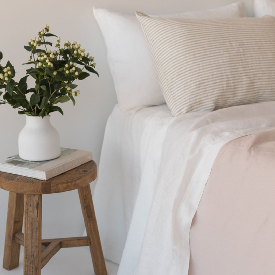 Foxtrot Home French Flax Linen styled in a bedroom with Off White Fitted Sheet.