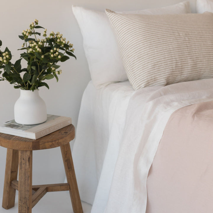 Foxtrot Home French Flax Linen styled in a bedroom with Off White Fitted Sheet.