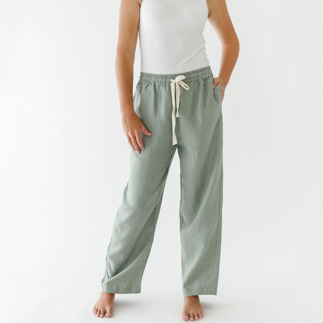 Foxtrot Home French Flax Linen Long Pyjama Pants in Sage
