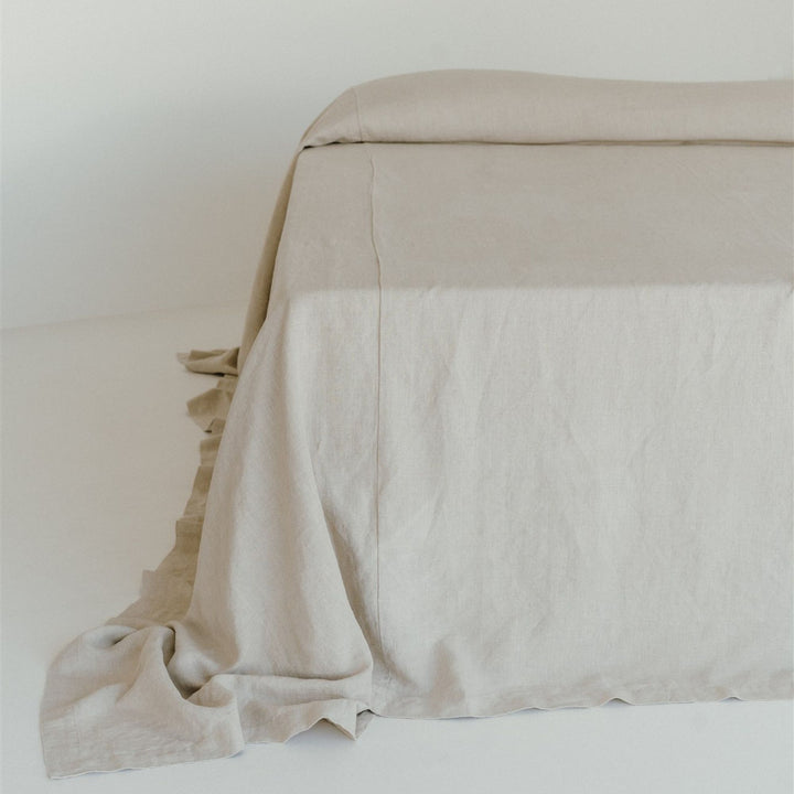 Foxtrot Home French Flax Linen styled in a bedroom with a Natural Bedspread