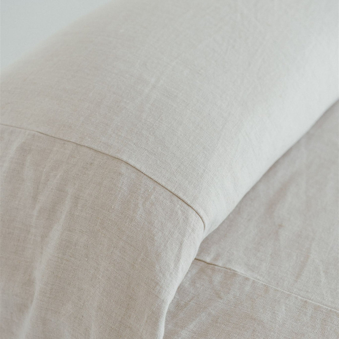 Foxtrot Home French Flax Linen styled in a bedroom with a Natural Bedspread