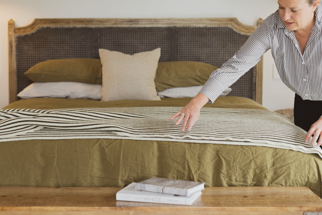 Foxtrot Home New Zealand Wool Throw Blanket in Olive Stripes