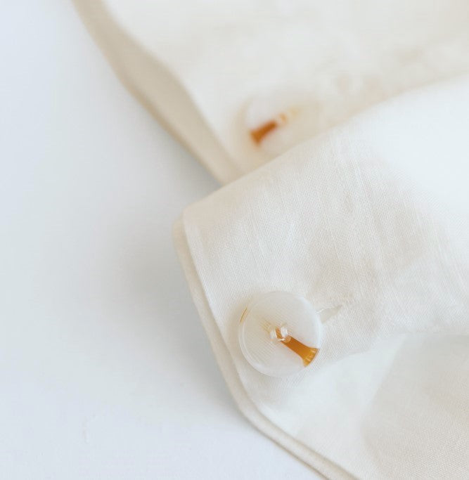 Foxtrot Home French Flax Linen styled in a bedroom with Off White Duvet.
