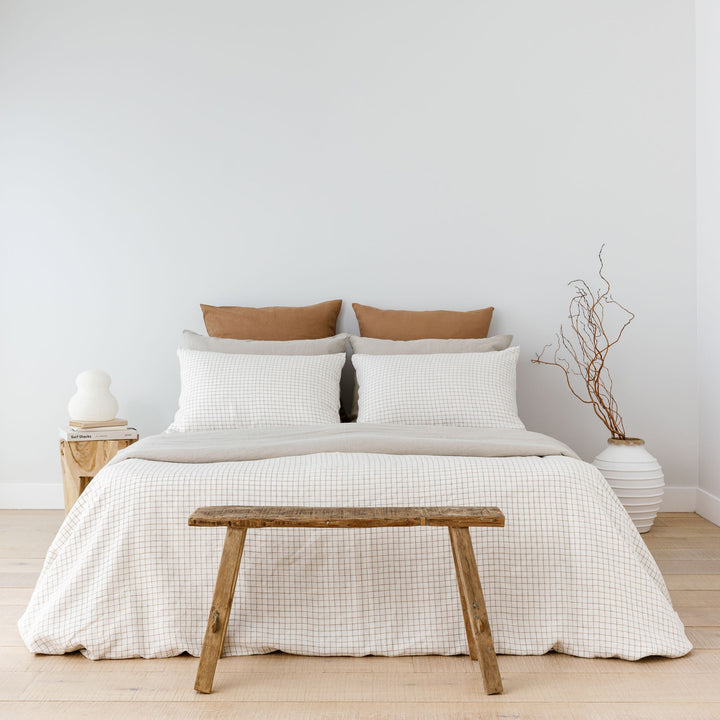 Foxtrot Home French Flax Linen styled with Malt Brown Grid Duvet with Natural Sheets