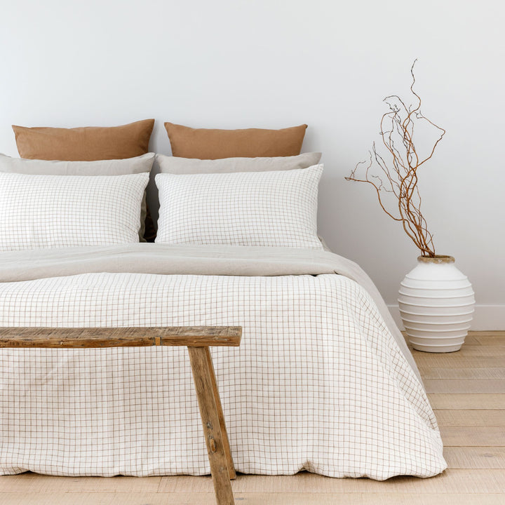 Foxtrot Home French Flax Linen styled in Malt Brown Grid