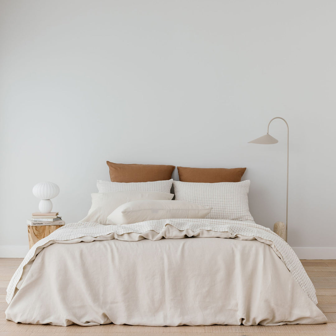 Foxtrot Home French Flax Linen styled in Malt Brown Grid with an Oat Duvet and Pillowcases