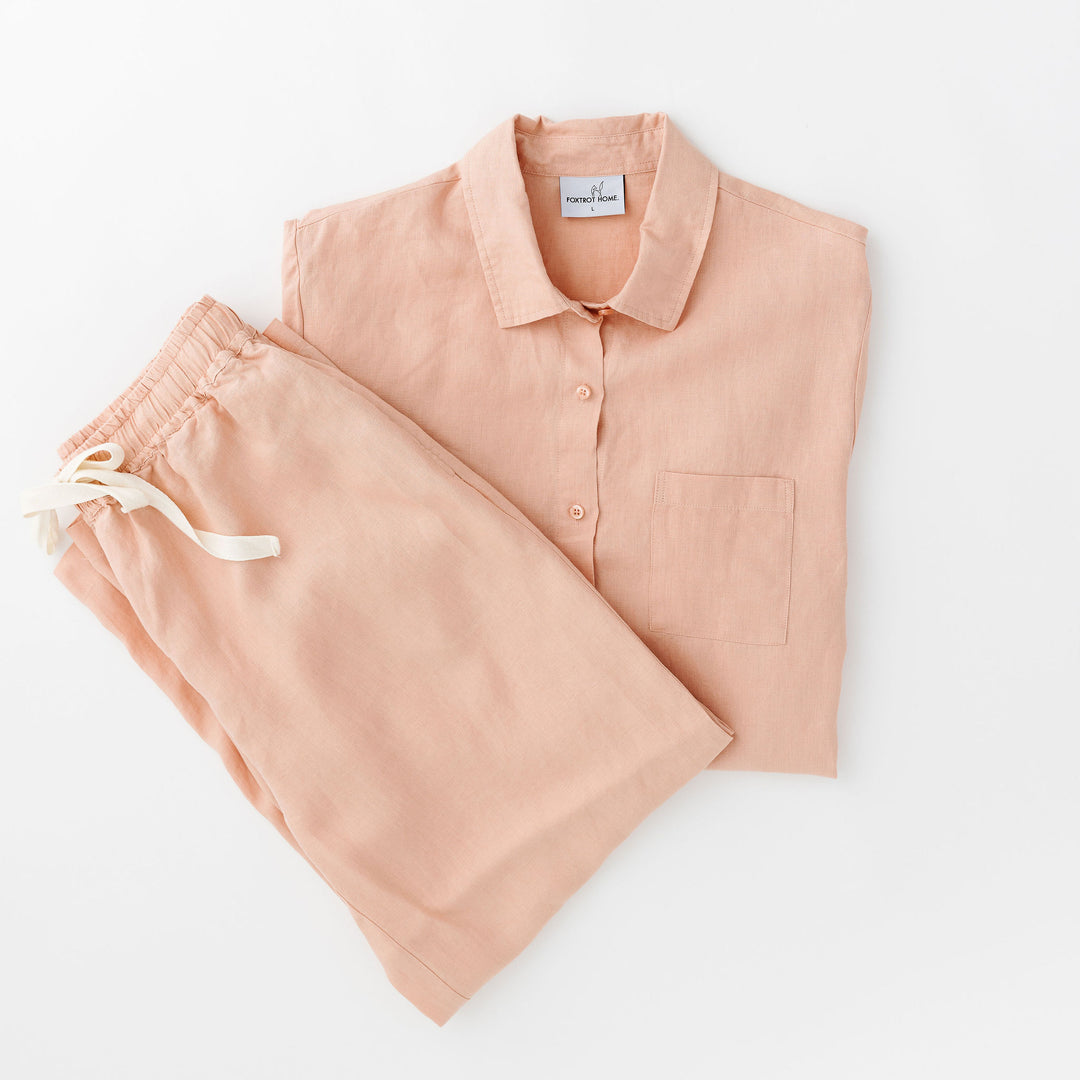 Foxtrot Home French Flax Linen Winter Pyjamas in Peach