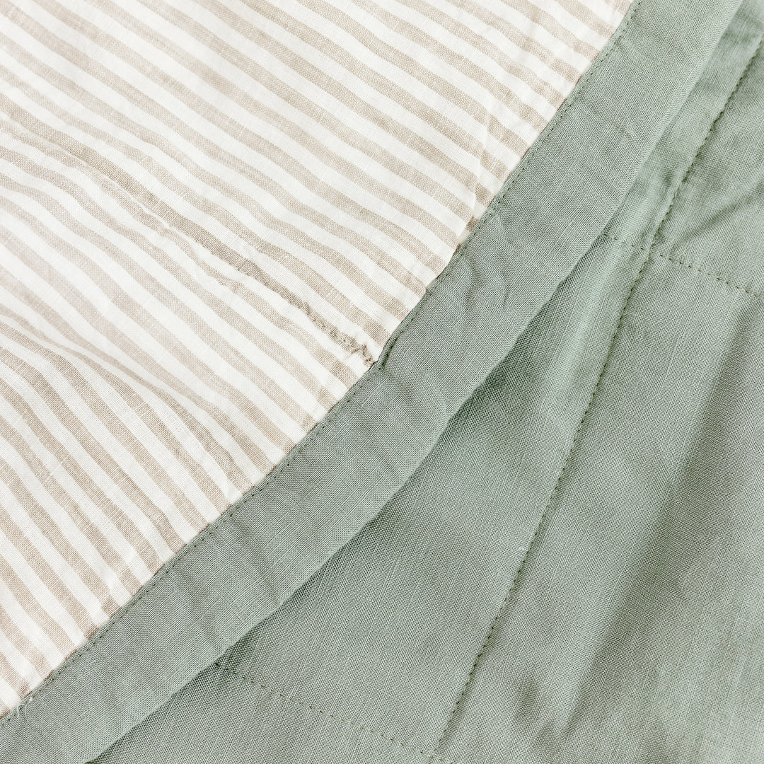 Foxtrot Home French Flax Linen Quilt in Sage with Sand Stripes on the reverse