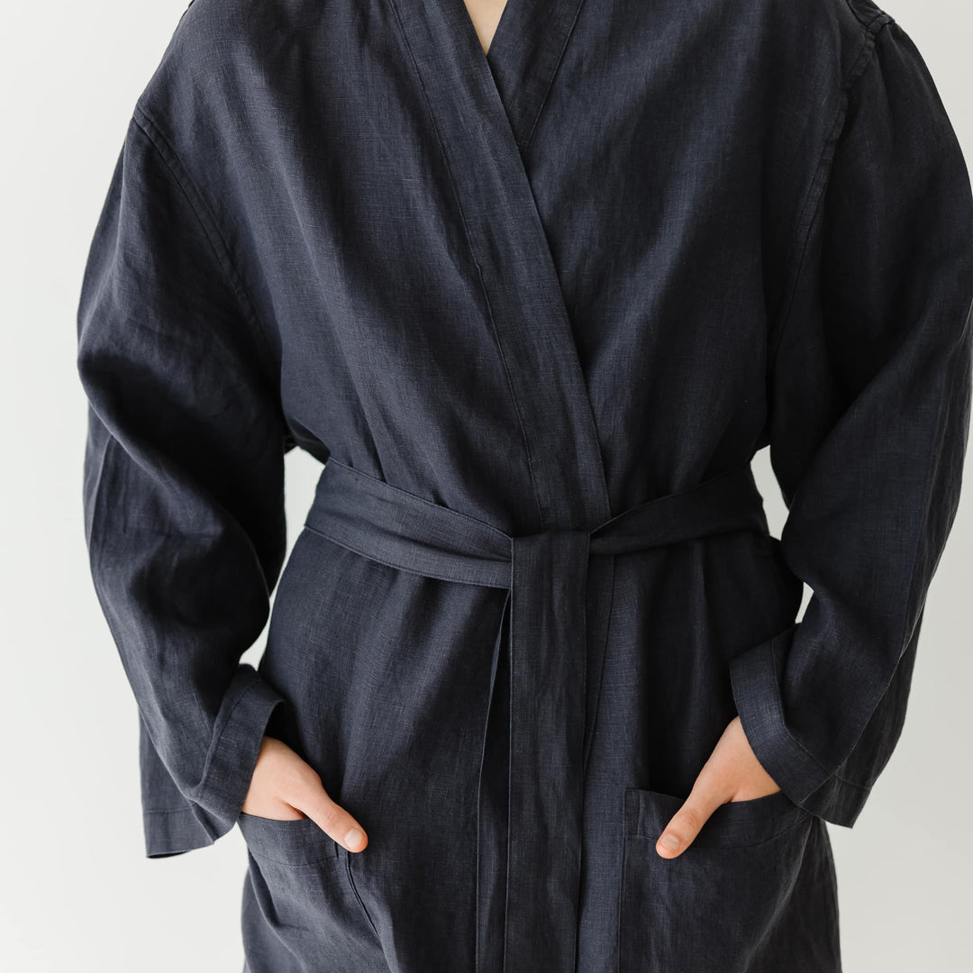 Foxtrot Home French Flax Linen Robe in Midnight Blue