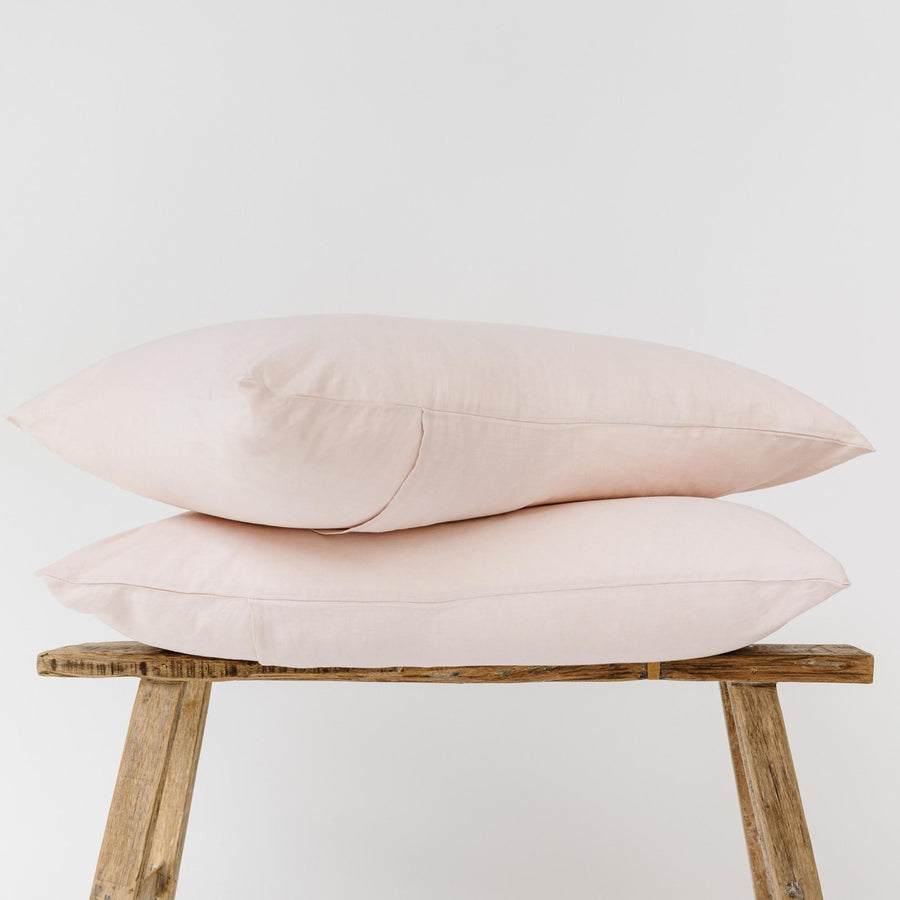 Foxtrot Home French Flax Linen styled in a bedroom with Blush Pink Pillowcases.