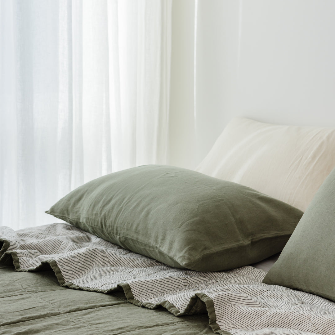Foxtrot Home French Flax Linen Quilt in Cactus with Pinstripes on the reverse