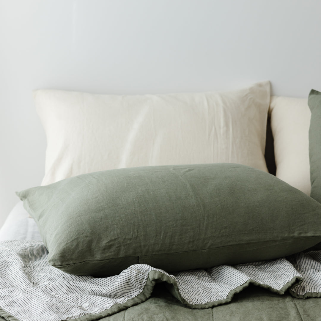 Foxtrot Home French Flax Linen Quilt in Cactus with Pinstripes on the reverse