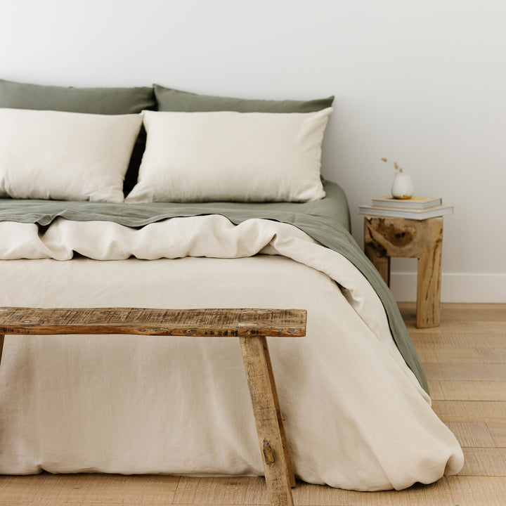 Foxtrot Home French Flax Linen styled in a bedroom with Cactus Green Sheets Set.