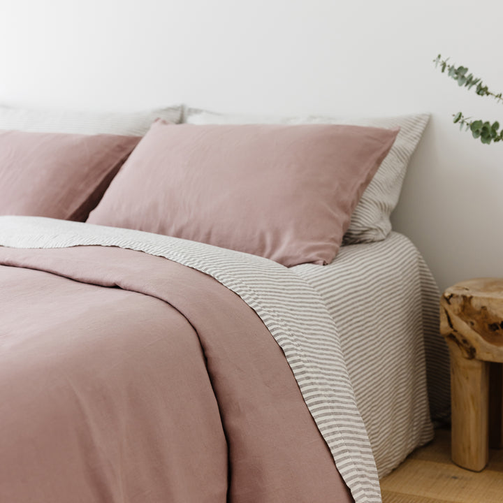 Foxtrot Home French Flax Linen styled in a bedroom with Grey Stripes Flat Sheet.