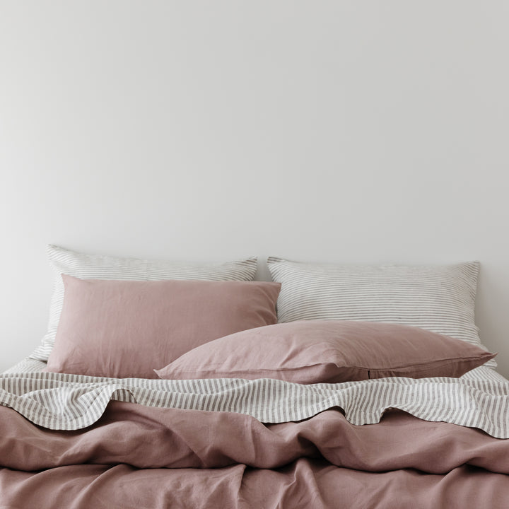 Foxtrot Home French Flax Linen styled in a bedroom with Grey Stripes Flat Sheet.