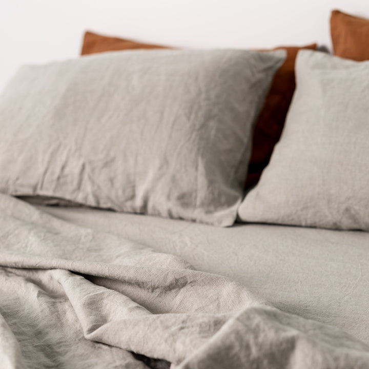 Foxtrot Home French Flax Linen styled in a bedroom with Natural Fitted Sheet.