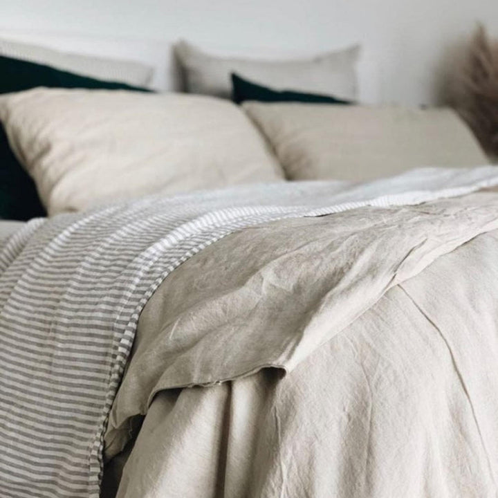 Foxtrot Home French Flax Linen styled in a bedroom with Natural Fitted Sheet.