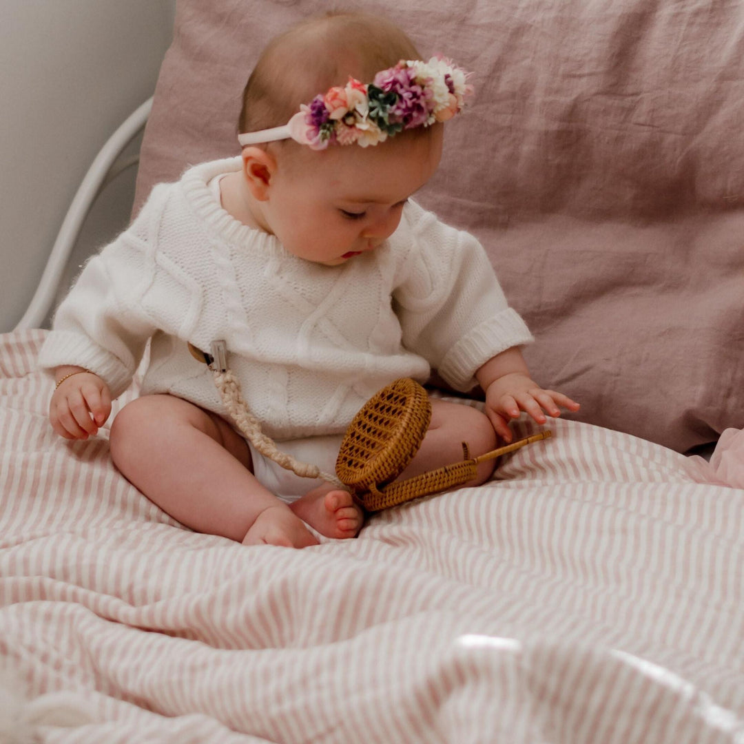 Foxtrot Home French Flax Linen styled in a bedroom with Pink Stripes Duvet.