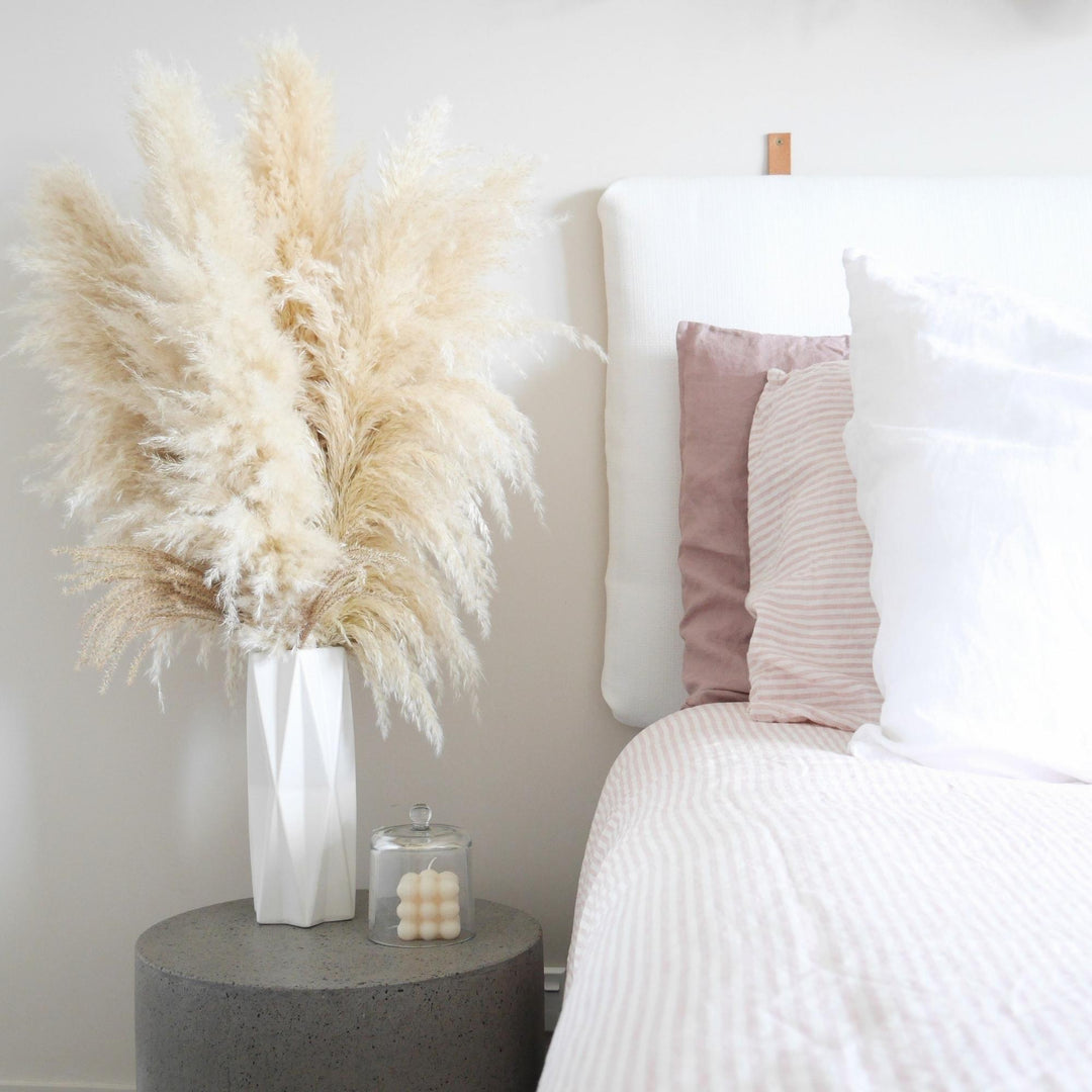 Foxtrot Home French Flax Linen styled in a bedroom with Pink Stripes Duvet.