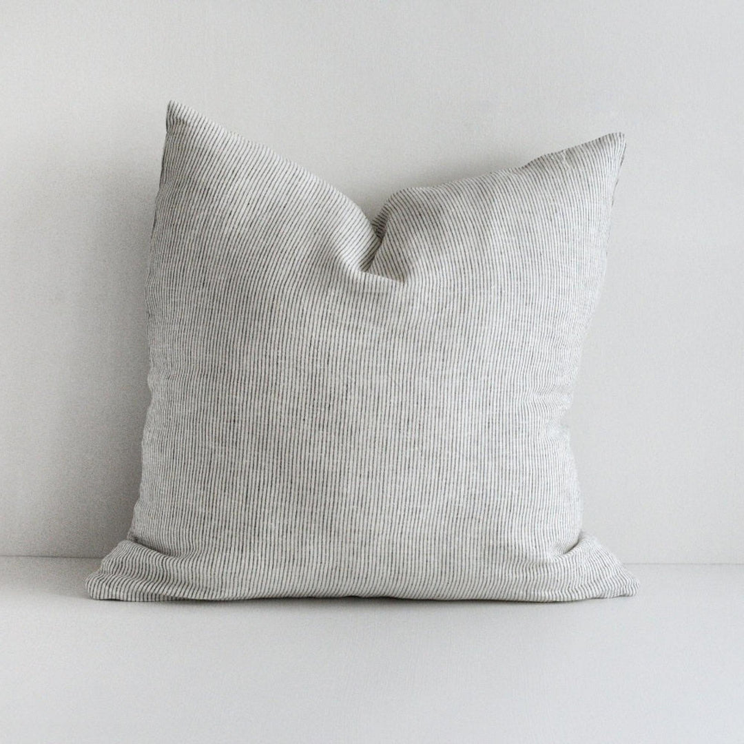 Foxtrot Home French Flax Linen styled in a bedroom with Pinstripes Cushion Cover.