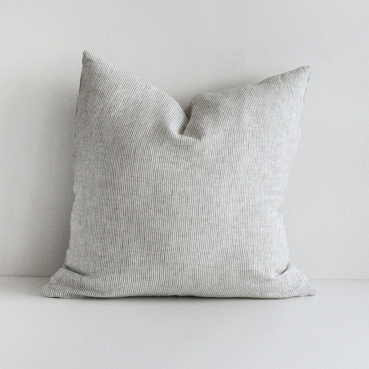 Foxtrot Home French Flax Linen styled in a bedroom with Pinstripes Cushion Cover.