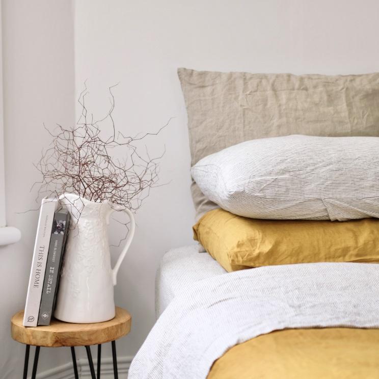 Foxtrot Home French Flax Linen styled in a bedroom with Pinstripe Fitted Sheet.