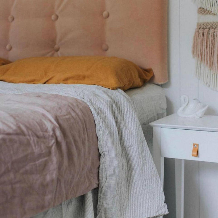 Foxtrot Home French Flax Linen styled in a bedroom with Pinstripe Sheets Sets.