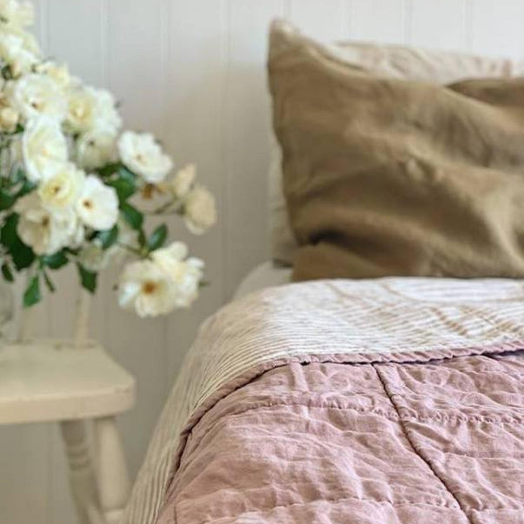 Foxtrot Home French Flax Linen styled in a bedroom with Rosewood Pink & Grey Stripes Quilt.