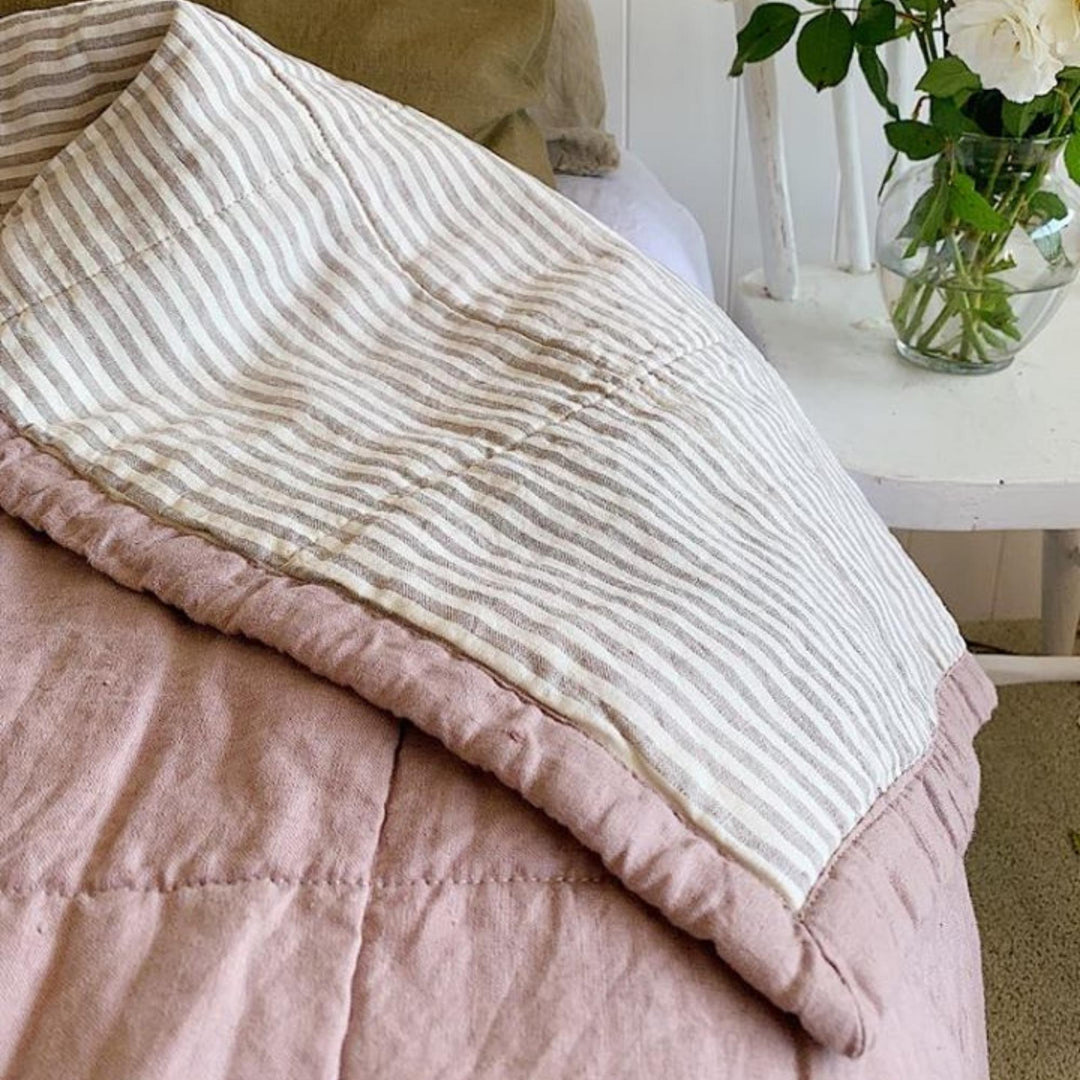 Foxtrot Home French Flax Linen styled in a bedroom with Rosewood Pink & Grey Stripes Quilt.