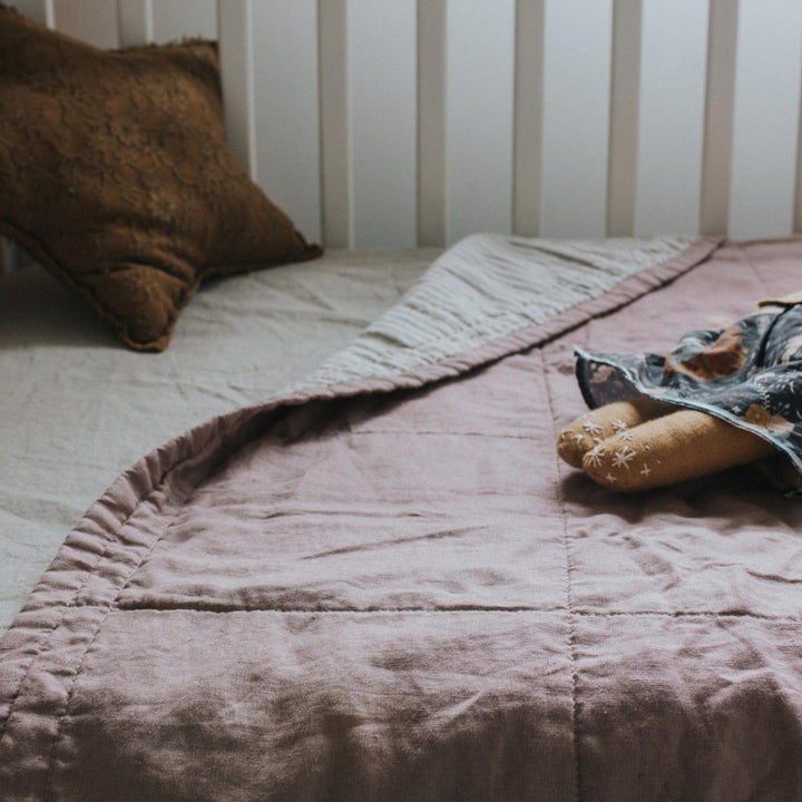 Foxtrot Home French Flax Linen styled in a bedroom with Rosewood Pink & Grey Stripes Quilt.