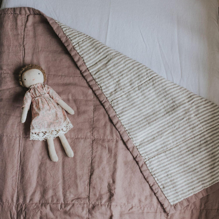 Foxtrot Home French Flax Linen styled in a bedroom with Rosewood Pink & Grey Stripes Quilt.