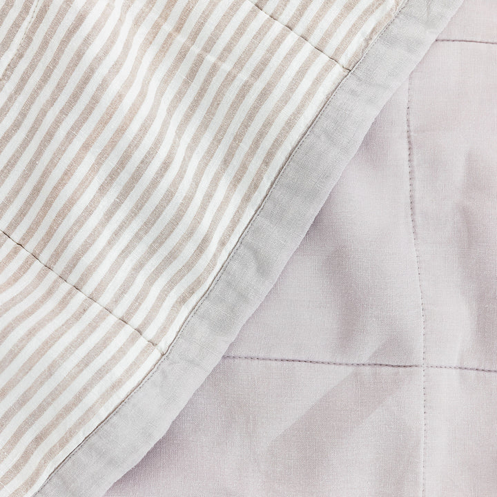Foxtrot Home French Flax Linen Lilac Quilt with Grey Stripes on the reverse