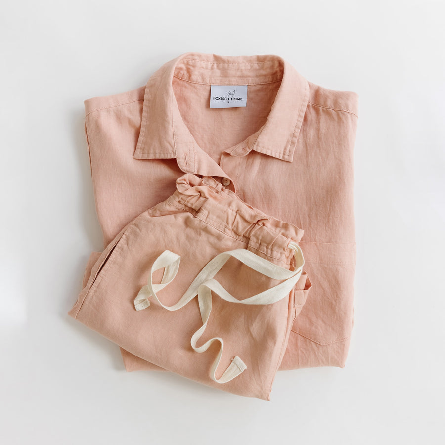 Foxtrot Home French Flax Linen Summer Pyjamas in Peach